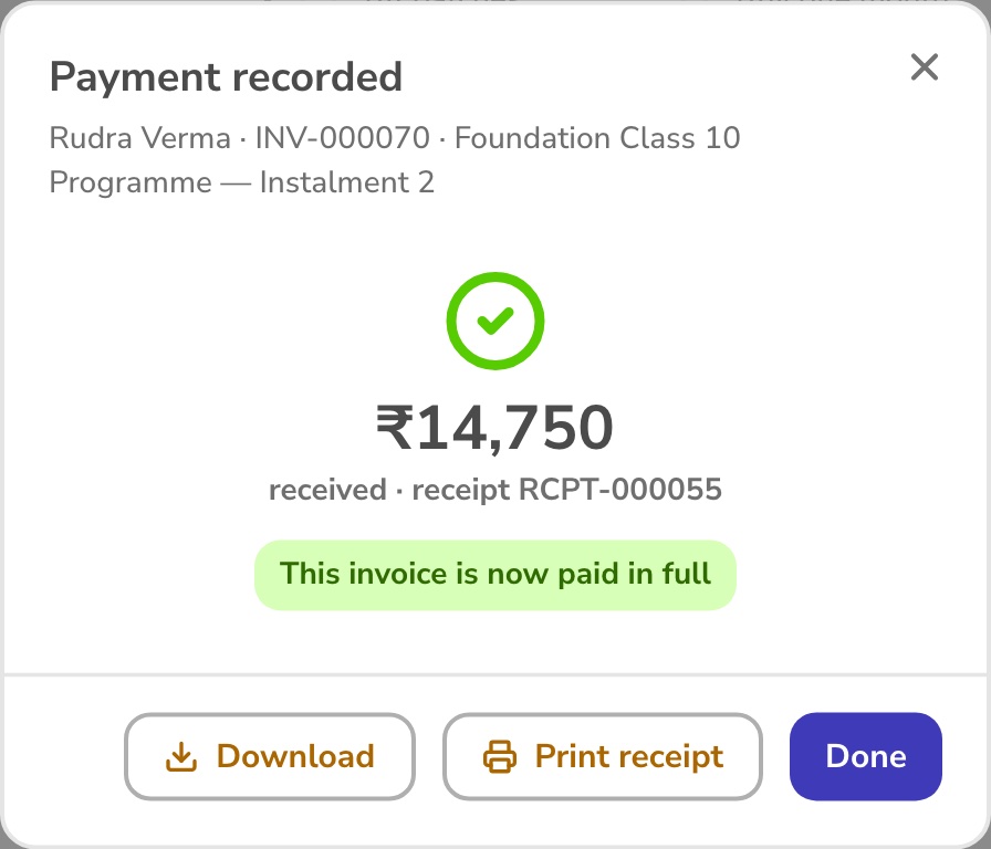 Payment recorded, receipt ready to print or download
