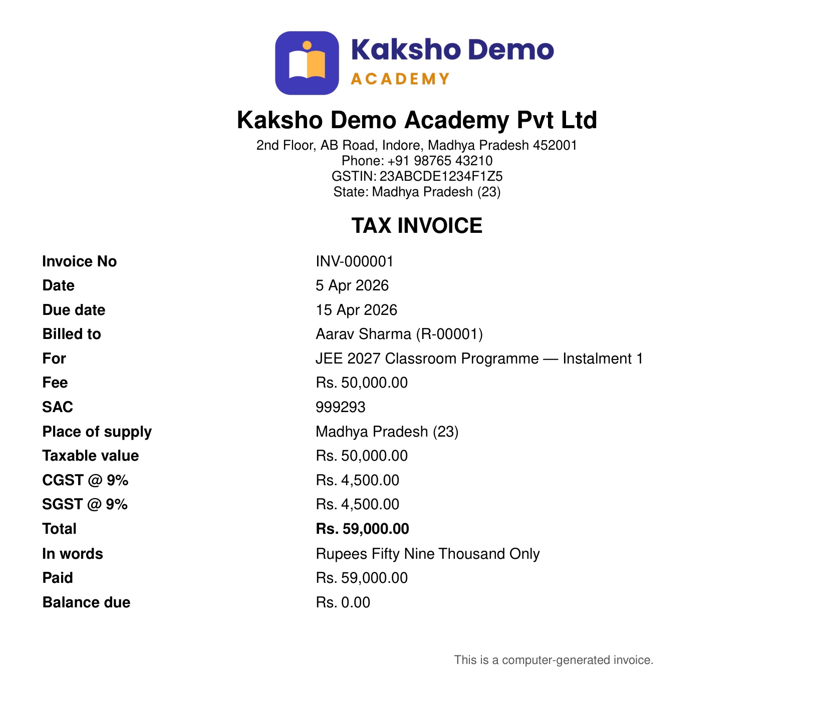 A GST tax invoice with CGST and SGST
