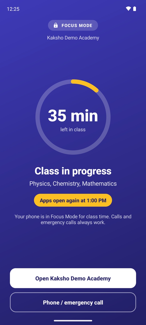 The class-in-progress screen on a student's phone
