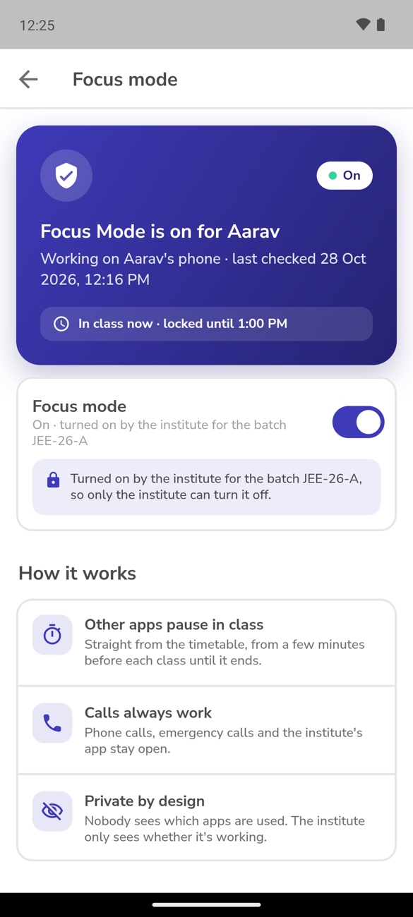 The parent's view: in class now, locked until 1:00 PM