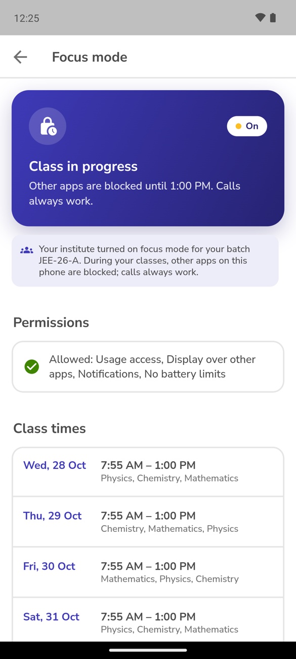 Focus Mode on the student's phone, with the class times