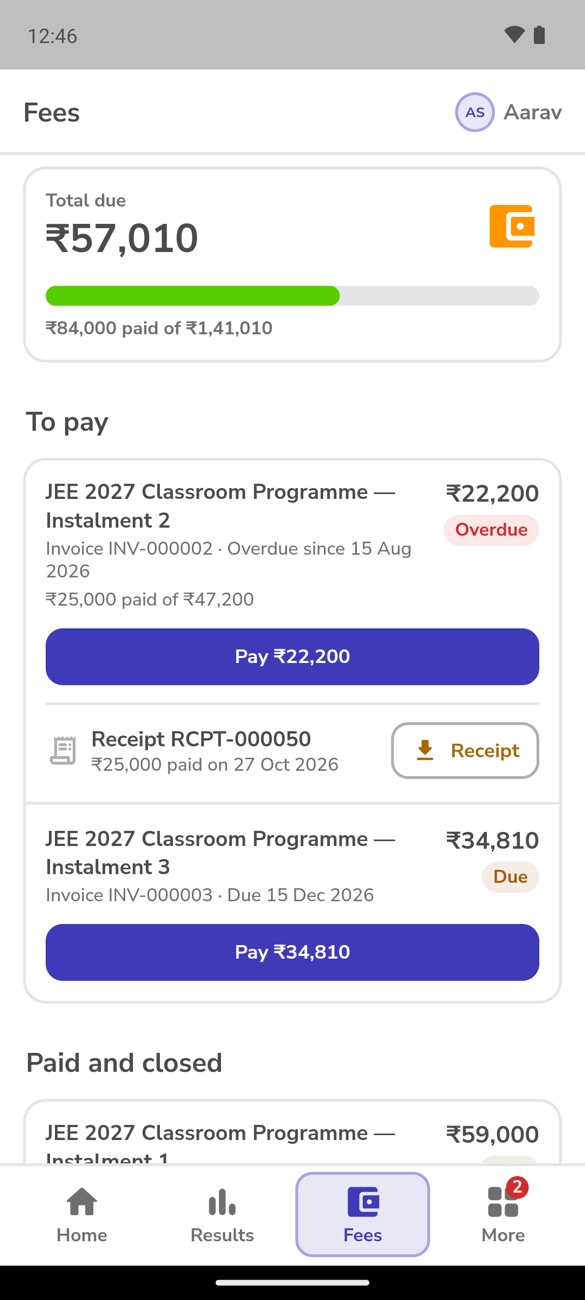 Fees in the parent app