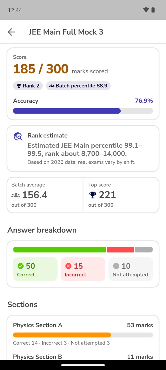 A test result in the app