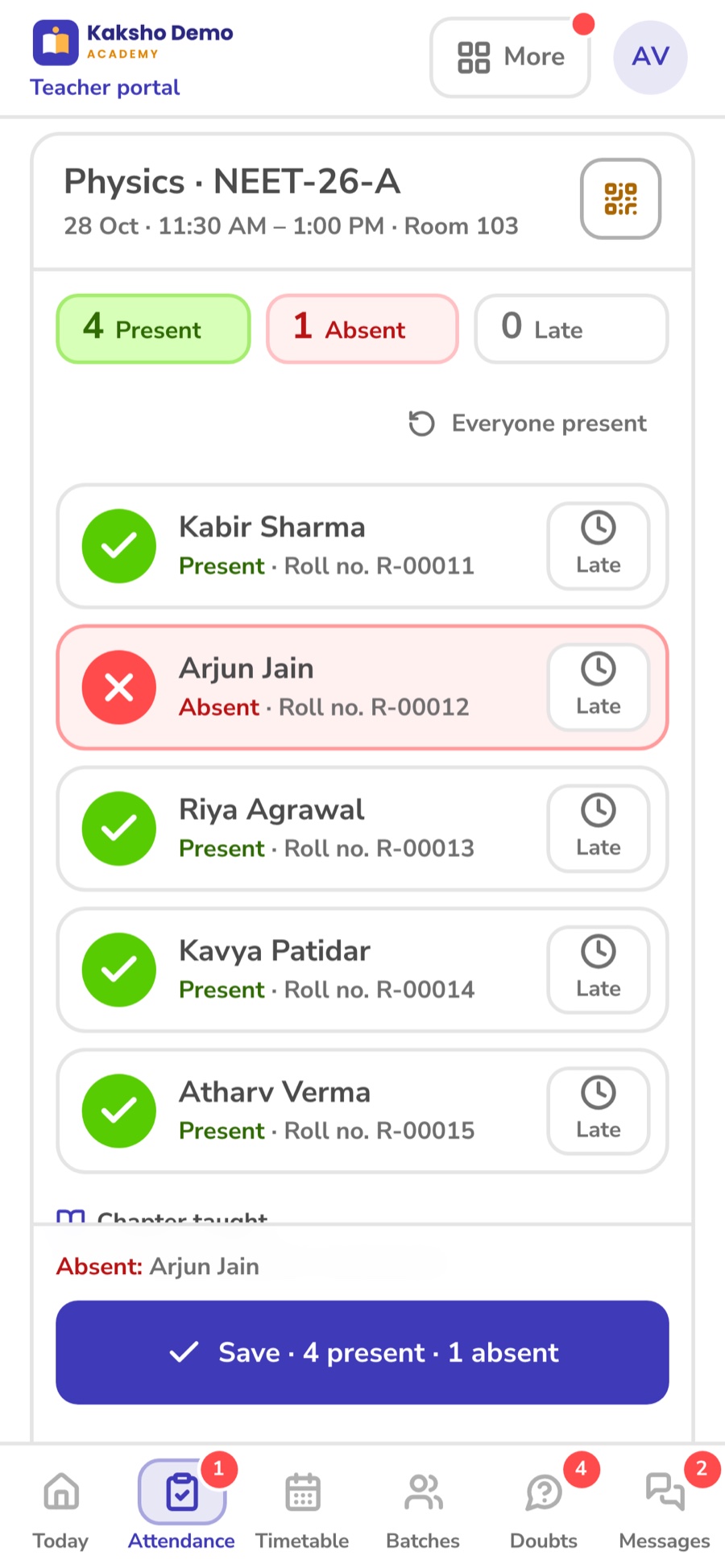 Marking attendance on the teacher's phone