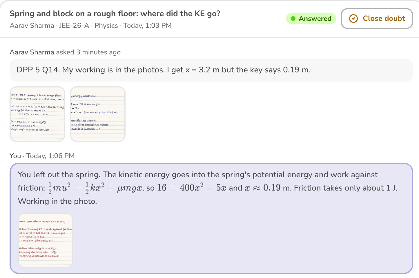 A student's doubt with photos of their working, and the teacher's answer with a photo